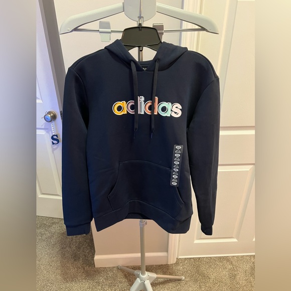 Adidas Navy Long Sleeve Multi Color Logo Fleece Hoodie Size XS NWT - Picture 1 of 16